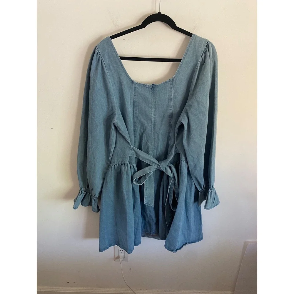 Light Wash Denim Puff‎ Sleeve Square Neck Mini Dress Back Tie Blue 2XL